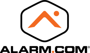 Alarm.com logo with orange symbol.